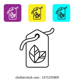 Black line Tag with leaf symbol icon isolated on white background. Banner, label, tag, logo, sticker for eco green. Set icons colorful square buttons. Vector Illustration