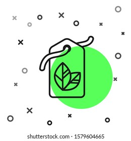 Black line Tag with leaf symbol icon isolated on white background. Banner, label, tag, logo, sticker for eco green.  Vector Illustration
