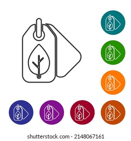 Schwarze Strichmarke mit Blattsymbol einzeln auf weißem Hintergrund. Banner, Label, Tag, Logo, Aufkleber für Öko-Grün. Symbole in den Farbkreisknöpfen einstellen. Vektorgrafik