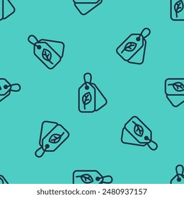 Black line Tag with leaf symbol icon isolated seamless pattern on green background. Banner, label, tag, logo, sticker for eco green.  Vector