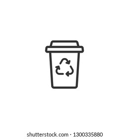 black line take-out coffee with cap and reuse sign. disposable cardboard cup of coffee. Paper container icon with recycle arrows. Isolated on white. Vector Illustration. Fast food business lunch 