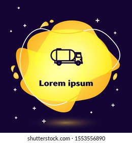 Black line Tanker truck icon isolated on dark blue background. Petroleum tanker, petrol truck, cistern, oil trailer. Abstract banner with liquid shapes. Vector Illustration