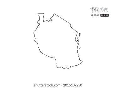 Línea negra Tanzania mapa vector sobre fondo blanco.
