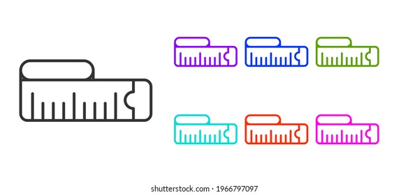 Black line Tape measure icon isolated on white background. Measuring tape. Set icons colorful. Vector