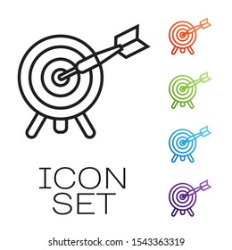 Black line Target with arrow icon isolated on white background. Dart board sign. Archery board icon. Dartboard sign. Business goal concept. Set icons colorful. Vector Illustration