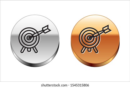 Black line Target with arrow icon isolated on white background. Dart board sign. Archery board icon. Dartboard sign. Business goal concept. Silver-gold circle button. Vector Illustration