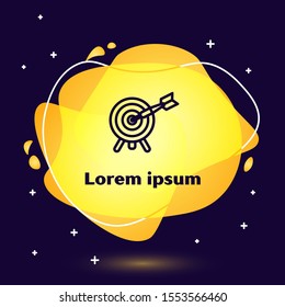 Black line Target with arrow icon isolated on dark blue background. Dart board sign. Archery board icon. Dartboard sign. Business goal concept. Abstract banner with liquid shapes. Vector Illustration