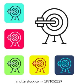 Black line Target with arrow icon isolated on white background. Dart board sign. Archery board icon. Dartboard sign. Business goal concept. Set icons in color square buttons. Vector