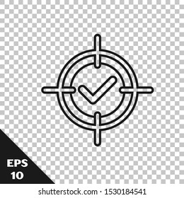 Black line Target and check mark icon isolated on transparent background. Dart board sign. Archery board icon. Dartboard sign. Business goal concept.  Vector Illustration