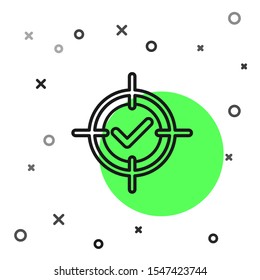 Black line Target and check mark icon isolated on white background. Dart board sign. Archery board icon. Dartboard sign. Business goal concept.  Vector Illustration