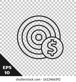 Black line Target with dollar symbol icon isolated on transparent background. Investment target icon. Successful business concept. Cash or Money.  Vector Illustration