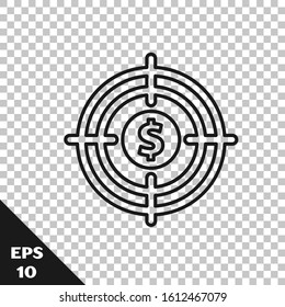 Black line Target with dollar symbol icon isolated on transparent background. Investment target icon. Successful business concept. Cash or Money.  Vector Illustration