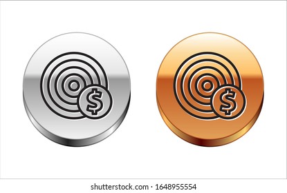 Black line Target with dollar symbol icon isolated on white background. Investment target icon. Successful business concept. Cash or Money. Silver-gold circle button. Vector Illustration
