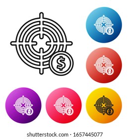 Schwarze Linie Ziel mit Dollar Symbol einzeln auf weißem Hintergrund. Investitionsziel-Symbol Erfolgreiches Geschäftskonzept. Geld oder Geld. Stellen Sie die Symbole bunter Kreis-Schaltflächen ein. Vektorillustration-Illustration