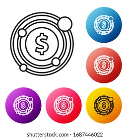 Schwarze Linie Ziel mit Dollar Symbol einzeln auf weißem Hintergrund. Investitionsziel-Symbol Erfolgreiches Geschäftskonzept. Geld oder Geld. Stellen Sie die Symbole bunter Kreis-Schaltflächen ein. Vektorillustration-Illustration