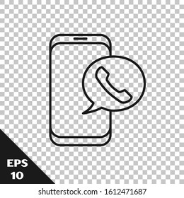 Black line Taxi call telephone service icon isolated on transparent background. Taxi for smartphone.  Vector Illustration
