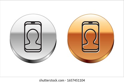Black line Taxi call telephone service icon isolated on white background. Taxi for smartphone. Silver-gold circle button. Vector Illustration