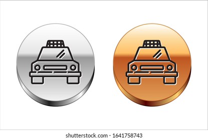 Black line Taxi car icon isolated on white background. Silver-gold circle button. Vector Illustration