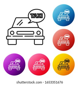 Black line Taxi car icon isolated on white background. Set icons colorful circle buttons. Vector Illustration