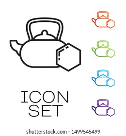 Black line Tea kettle with honey icon isolated on white background. Sweet natural food. Set icons colorful. Vector Illustration
