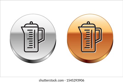 Black line Teapot icon isolated on white background. Silver-gold circle button. Vector Illustration