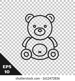 Black line Teddy bear plush toy icon isolated on transparent background.  Vector Illustration