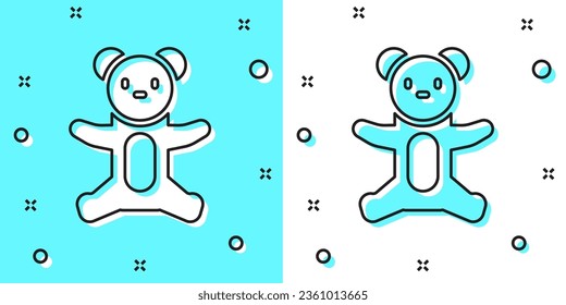 Black line Teddy bear plush toy icon isolated on green and white background. Random dynamic shapes. Vector