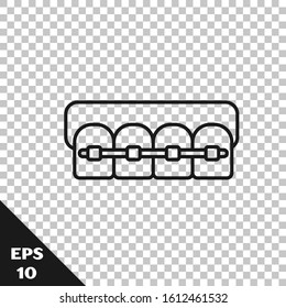 Black line Teeth with braces icon isolated on transparent background. Alignment of bite of teeth, dental row with with braces. Dental concept.  Vector Illustration