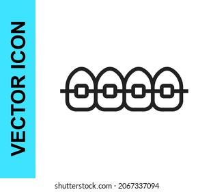 Black line Teeth with braces icon isolated on white background. Alignment of bite of teeth, dental row with with braces. Dental concept.  Vector