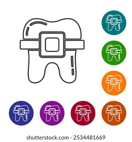 Black line Teeth with braces icon isolated on white background. Alignment of bite of teeth, dental row with with braces. Dental concept. Set icons in color circle buttons. Vector