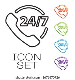 Black line Telephone 24 hours support icon isolated on white background. All-day customer support call-center. Full time call services. Set icons colorful. Vector Illustration