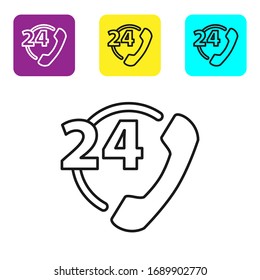 Black line Telephone 24 hours support icon isolated on white background. All-day customer support call-center. Full time call services. Set icons colorful square buttons. Vector Illustration