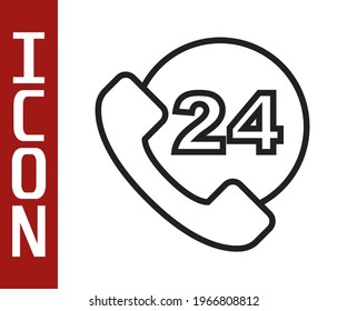 Black line Telephone 24 hours support icon isolated on white background. All-day customer support call-center. Full time call services.  Vector