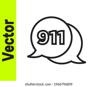 Black line Telephone with emergency call 911 icon isolated on white background. Police, ambulance, fire department, call, phone.  Vector
