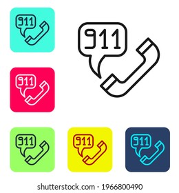 Black line Telephone with emergency call 911 icon isolated on white background. Police, ambulance, fire department, call, phone. Set icons in color square buttons. Vector