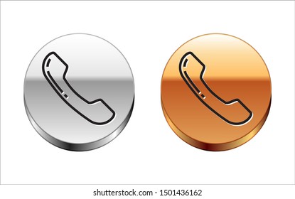 Black line Telephone handset icon isolated on white background. Phone sign. Silver-gold circle button. Vector Illustration