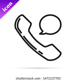 Black line Telephone handset and speech bubble chat icon isolated on white background. Phone sign.  Vector Illustration