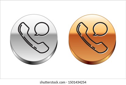 Black line Telephone handset and speech bubble chat icon isolated on white background. Phone sign. Silver-gold circle button. Vector Illustration