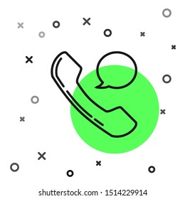 Black line Telephone handset and speech bubble chat icon isolated on white background. Phone sign.  Vector Illustration