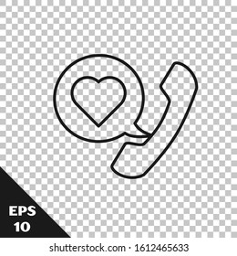 Black line Telephone with heart emoji speech bubble get message on screen icon isolated on transparent background. Valentines day.  Vector Illustration