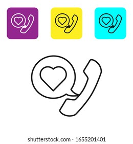Black line Telephone with heart emoji speech bubble get message on screen icon isolated on white background. Valentines day. Set icons colorful square buttons. Vector Illustration