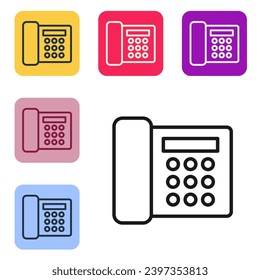 Black line Telephone icon isolated on white background. Landline phone. Set icons in color square buttons. Vector Illustration