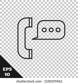 Black line Telephone with speech bubble chat icon isolated on transparent background. Support customer service, hotline, call center, faq, maintenance.  Vector Illustration
