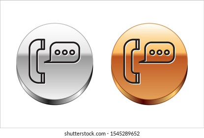 Black line Telephone with speech bubble chat icon isolated on white background. Support customer service, hotline, call center, faq, maintenance. Silver-gold circle button. Vector Illustration