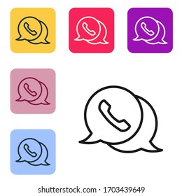 Teléfono de línea negra con icono de chat de burbuja de habla aislado en fondo blanco. Asistencia al servicio al cliente, línea directa, centro de llamadas, fax. Establecer iconos en botones cuadrados de color. Ilustración vectorial