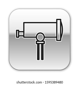 Black line Telescope icon isolated on white background. Scientific tool. Education and astronomy element, spyglass and study stars. Silver square button. Vector Illustration