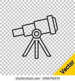 Black line Telescope icon isolated on transparent background. Scientific tool. Education and astronomy element, spyglass and study stars.  Vector