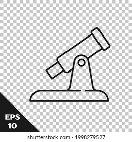 Icono de Telescopio de línea negra aislado en fondo transparente. Herramienta científica. Elemento educativo y astronómico, vidrio espía y estrellas de estudio.  Vector