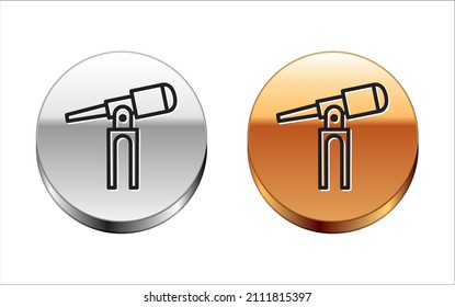 Schwarze Linie Teleskop Symbol einzeln auf weißem Hintergrund. Wissenschaftliches Instrument. Erziehung und Astronomie Element, Spionage und Studienstars. Silbergoldknöpfe. Vektorgrafik