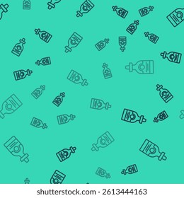 Black line Tequila bottle icon isolated seamless pattern on green background. Mexican alcohol drink.  Vector
